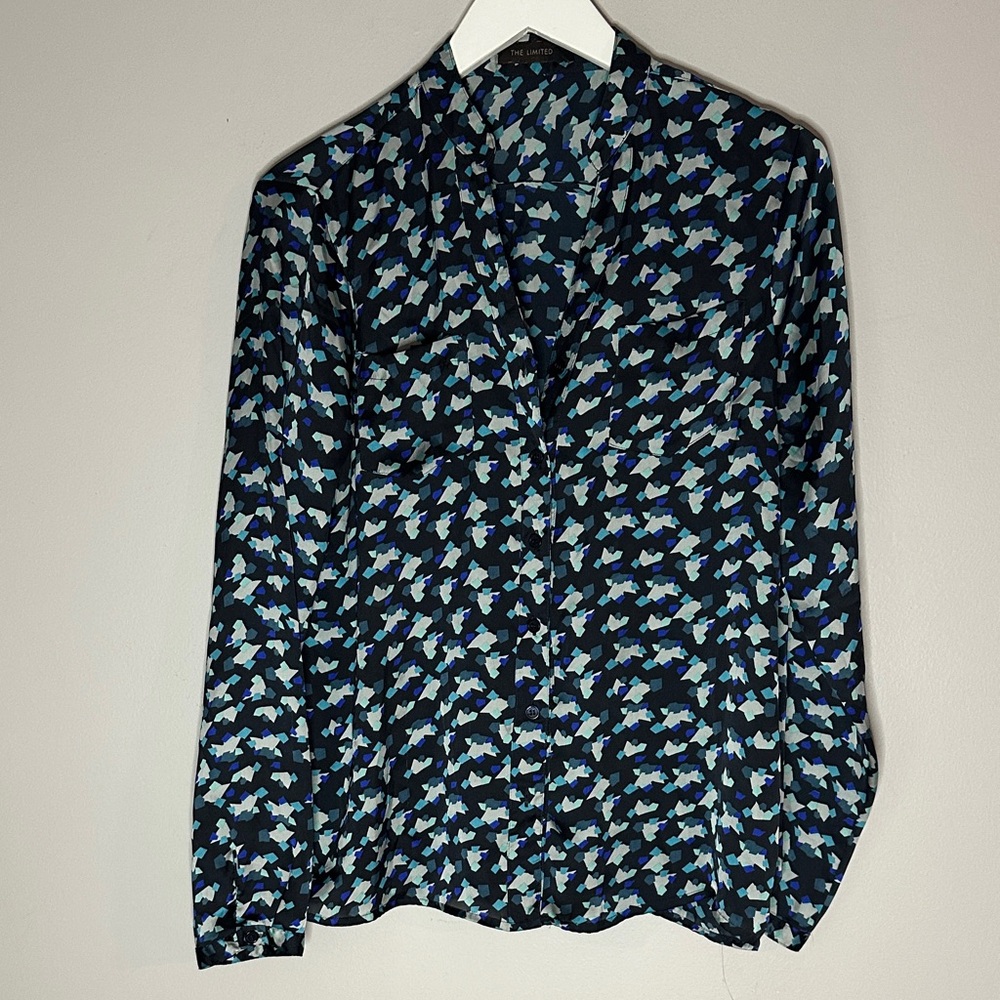 Stylish Blue Patterned Long Sleeve Blouse size m